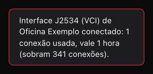 Aviso do programa: Interface J2534 (VCI) de Oficina Exemplo conectado: 1 conexão usada, vale 1 hora (sobram 341 conexões).