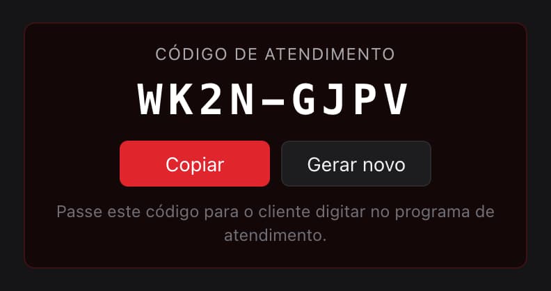 Bloco do código de atendimento WK2N-GJPV com os botões Copiar e Gerar novo: passe este código para o cliente digitar no programa de atendimento.