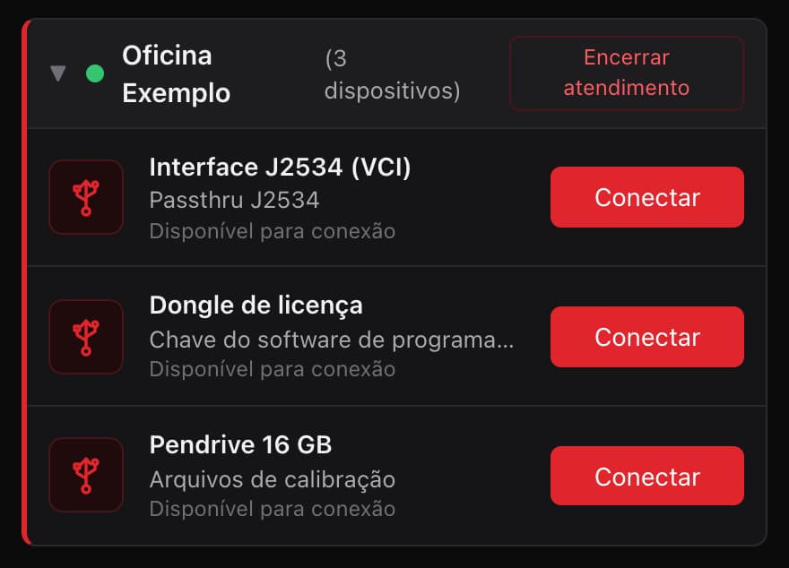 Programa do técnico com a Oficina Exemplo online e três aparelhos disponíveis para conexão: Interface J2534 (VCI), Dongle de licença e Pendrive 16 GB, cada um com o botão Conectar. No topo, 342 conexões e o código para clientes.