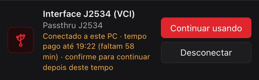 Interface J2534 (VCI) em amarelo: tempo pago até 19:22 (faltam 58 min), confirme para continuar depois deste tempo, com os botões Continuar usando e Desconectar.