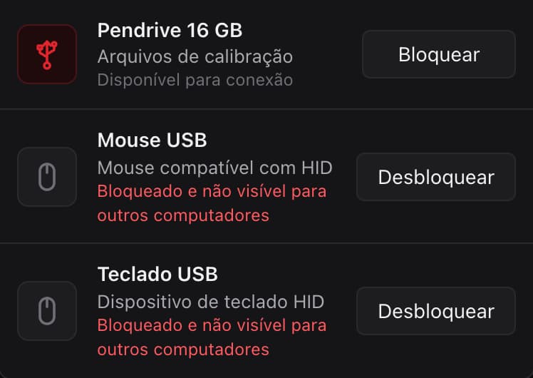 Dispositivos do computador da oficina: o Pendrive 16 GB com o botão Bloquear; o Mouse USB e o Teclado USB bloqueados e não visíveis para outros computadores, com o botão Desbloquear.