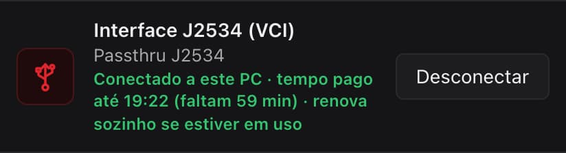 Interface J2534 (VCI) em verde: conectado a este PC, tempo pago até 19:22 (faltam 59 min), renova sozinho se estiver em uso. Ao lado, o botão Desconectar.