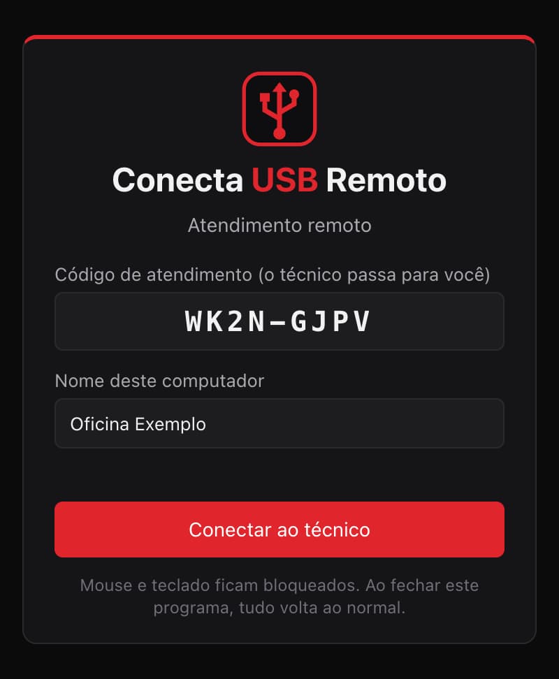 O código de atendimento: o técnico passa o código WK2N-GJPV, e a oficina digita esse código no programa dela, com o nome do computador, e clica em Conectar ao técnico.